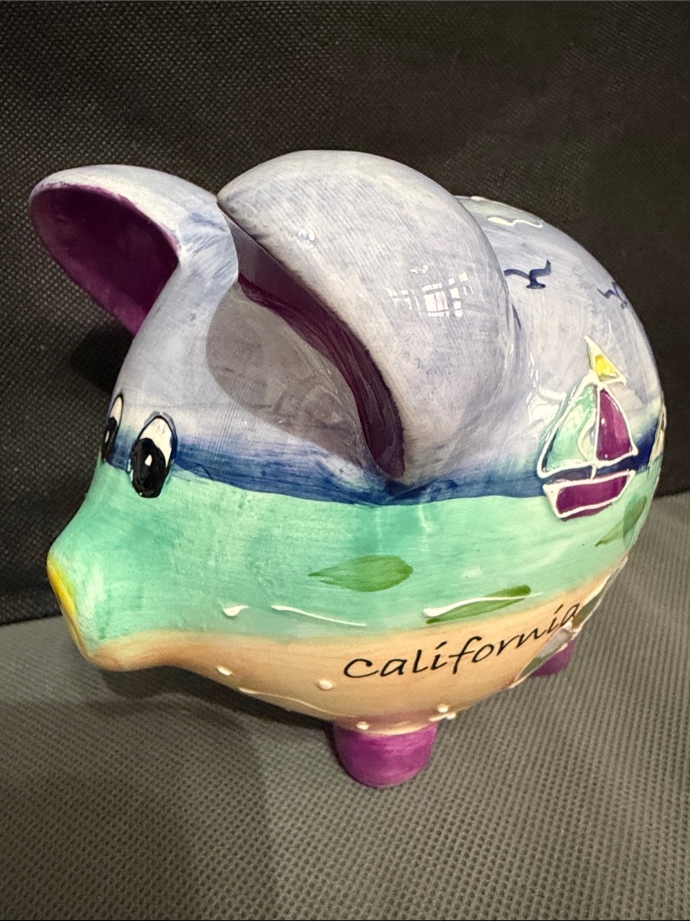 Vintage Ceramic Piggy Bank Hand Painted Tropical Beach Scene Sailboat Palm Trees